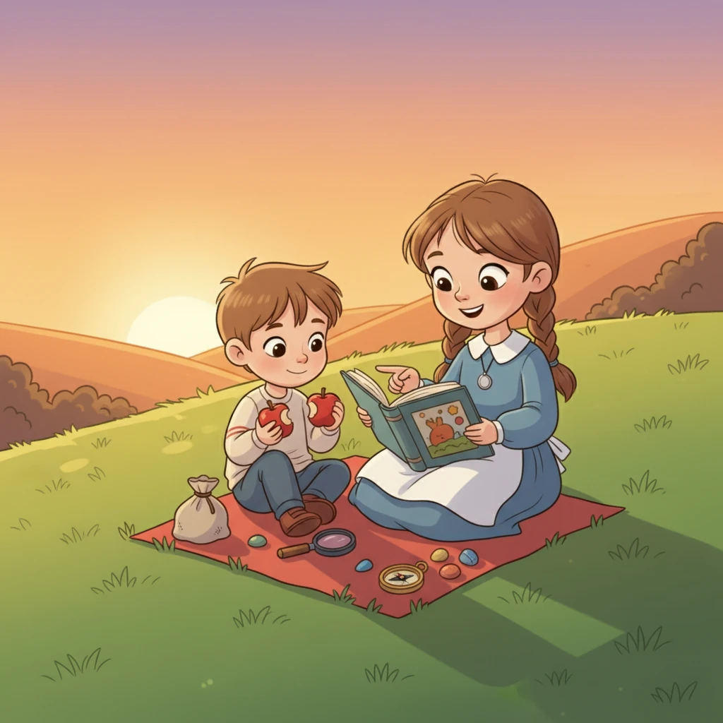 Сидя на траве, они делят свои "сокровища" и едят припасенные яблоки, чувствуя себя настоящими исследователями. Солнце начинает медленно садиться, окрашивая небо в оранжевые и розовые тона. Алина и Даня улыбаются друг другу, довольные своим приключением.