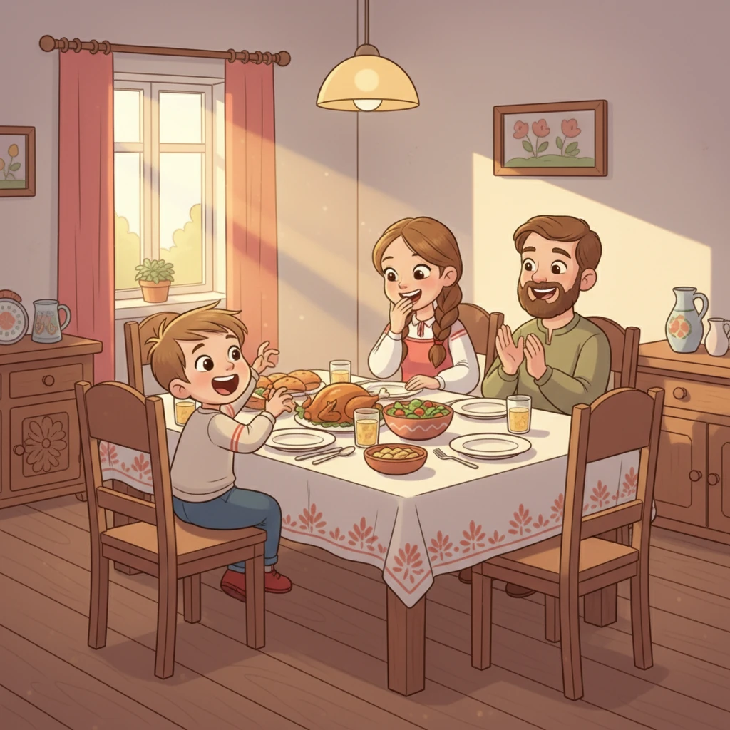 Дома их встречают родители, которые уже ждут их к ужину. Даня с горящими глазами рассказывает о "драконе" и "сокровищах", а Алина дополняет его историю, добавляя забавные детали. Родители смеются, видя их счастливые лица.