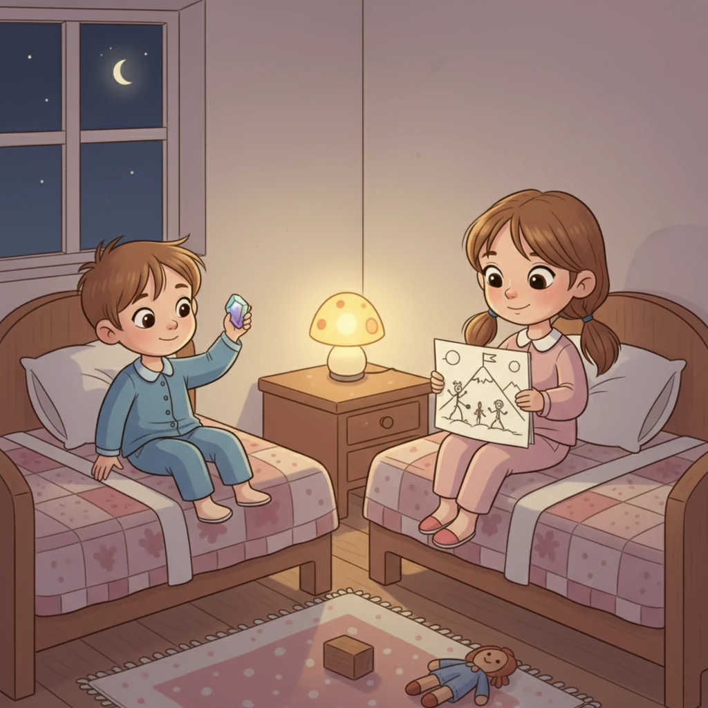 Вечером, уже в пижамах, Алина и Даня лежат в своих кроватях. Даня держит в руке свой блестящий камушек, а Алина – рисунок брата. Они обмениваются тихими, довольными улыбками, зная, что их следующее приключение не за горами.