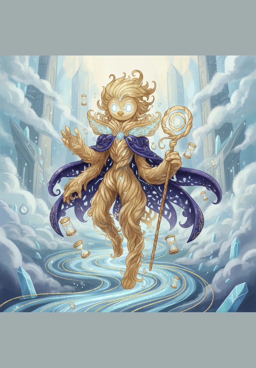 High within the Tower of Eternity, where hours have no hands and moments never fade, lives the Master of Time. He is a being of pure radiance wrapped in a cloak woven from the stars, watching the threads of time flow like endless rivers beneath his feet.