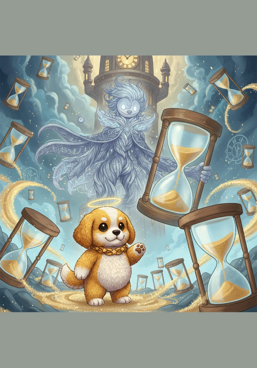 Sensing a disturbance in the cosmic balance, the Master of Time descends from his tower carrying a massive, glowing hourglass. He tells the child that time is a river that must flow in one direction, accusing him of turning existence into a playground of sand.