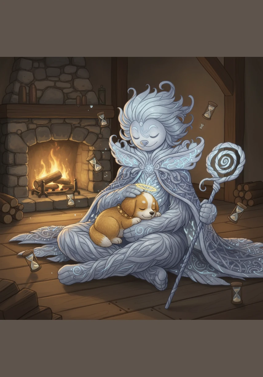 The Master of Time removes his heavy, starlit cloak and sits on the soft grass beside the Golden Child for the first time in millennia. They watch butterflies dance in the air together, reminding us that whenever joy fills our hearts, time has decided to take a rest.