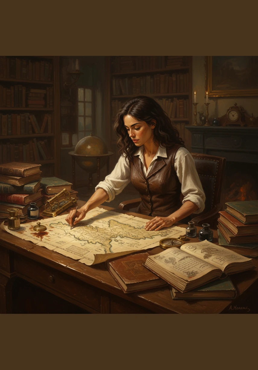 In the quiet of her grandfather’s old study, Eva discovers a collection of weathered sea charts and leather-bound journals. She traces the jagged coastlines with her finger, feeling a deep connection to the explorers who came before her.