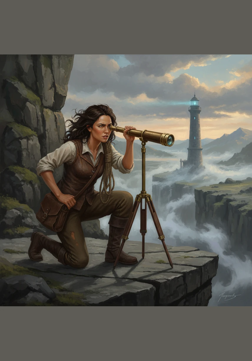 Returning to her favorite spot on the cliffside, Eva rests the telescope on a flat rock and peers through the eyepiece. The distant mist swirls and shifts, revealing a fleeting glimpse of a lighthouse that doesn't appear on any of her maps.