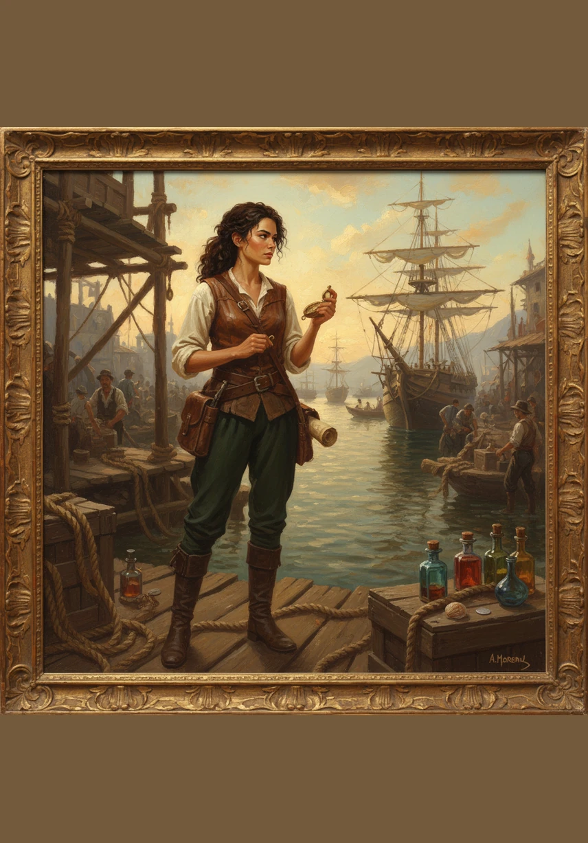 Driven by curiosity, Eva spends her days at the harbor, helping the local shipwrights while learning the language of the tides. She watches the larger vessels depart, her heart tugging with every anchor that is raised toward the unknown.