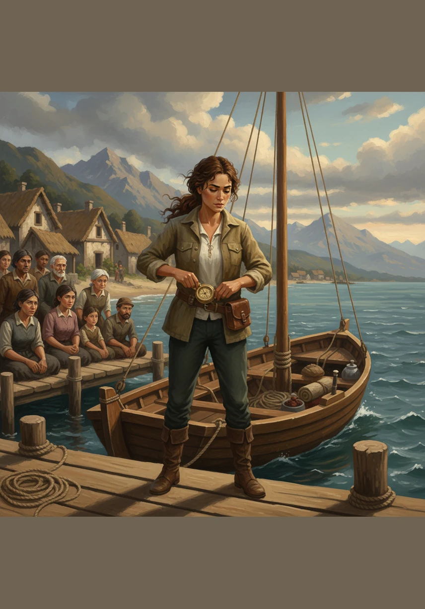 She begins to prepare a small, sturdy sailboat, packing only the essentials and her grandfather's most precious compass. The villagers watch her with a mix of worry and admiration, sensing that Eva belongs to the sea now.