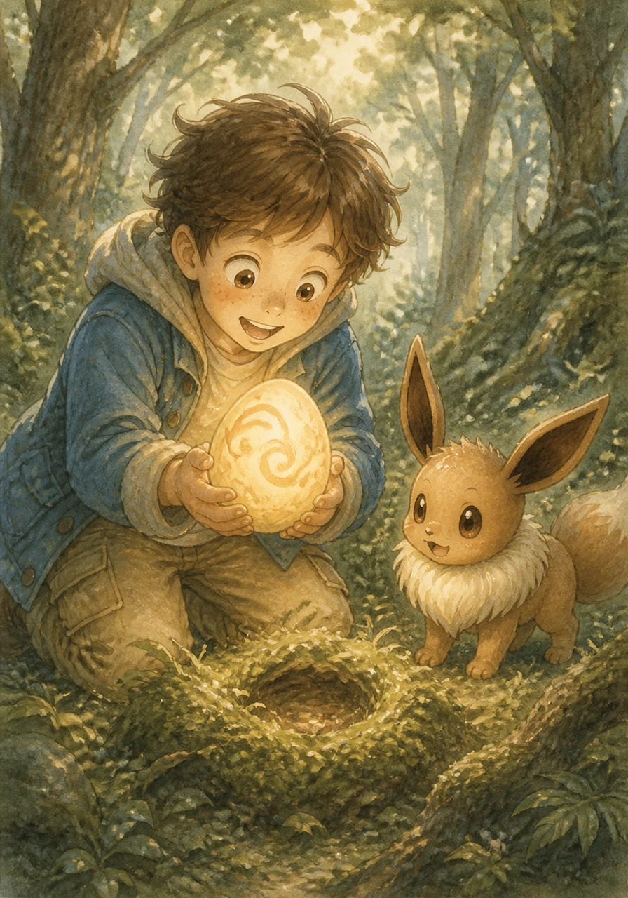 Leo finds a mysterious, glowing egg nestled in a soft patch of moss deep within the Whispering Woods. The egg is cream-colored with elegant brown swirls, pulsing with a gentle, warm light that feels like a heartbeat. He carefully scoops it up, feeling a strange connection to the life growing inside.