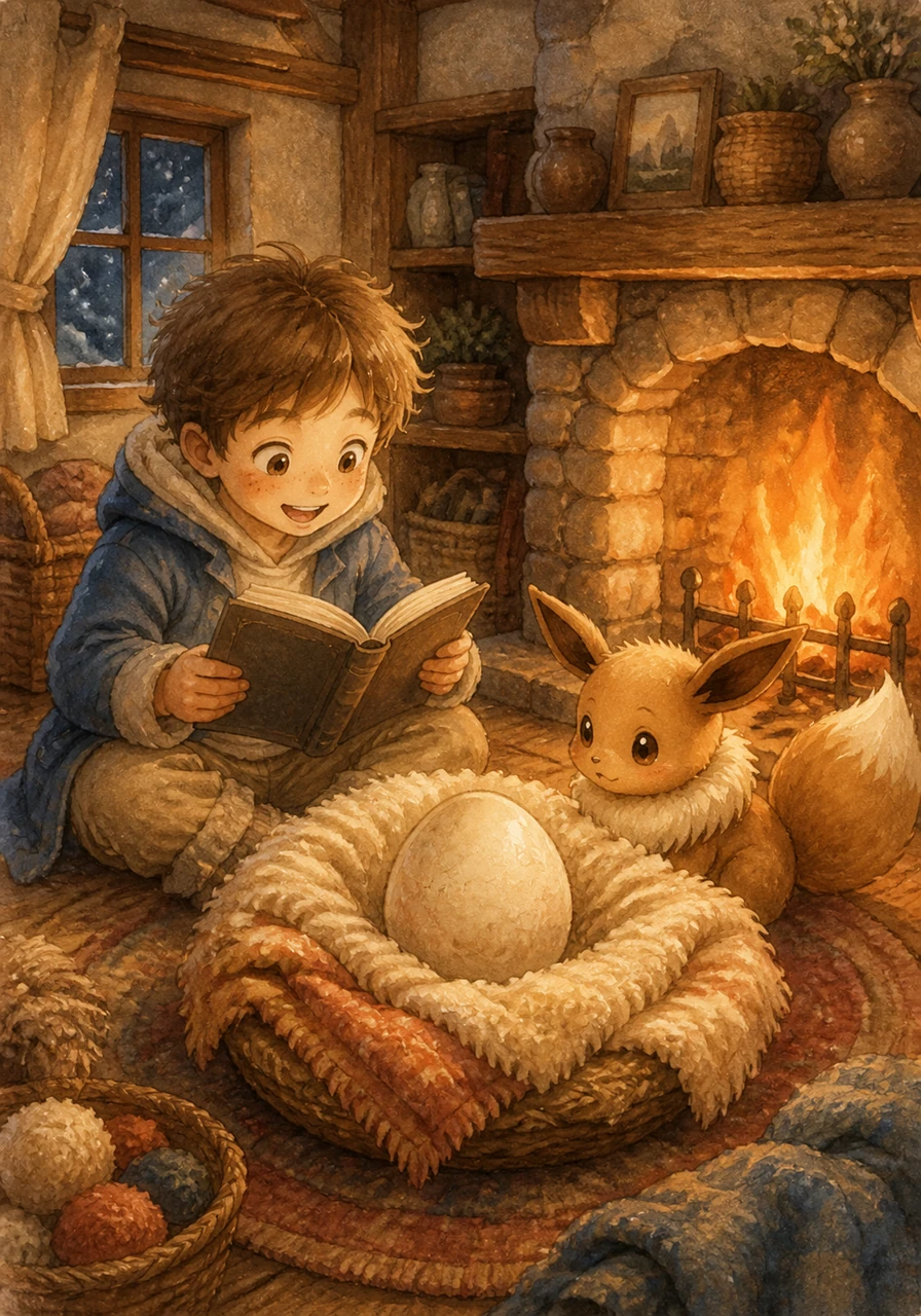 Leo carries the egg back to his cozy cottage, creating a warm nest made of soft wool and thick blankets. He places the egg near the fireplace where the orange glow dances across its smooth surface. Every evening, he reads stories aloud, hoping the little creature inside can hear his welcoming voice.