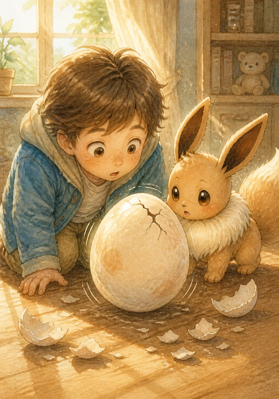 One sunny afternoon, a faint tap-tap-tap sounds from within the shell, and a tiny crack appears near the top. Leo holds his breath and leans in close, his heart racing with excitement as the egg begins to rock back and forth. The room is silent except for the rhythmic scratching of tiny claws against the inner shell.