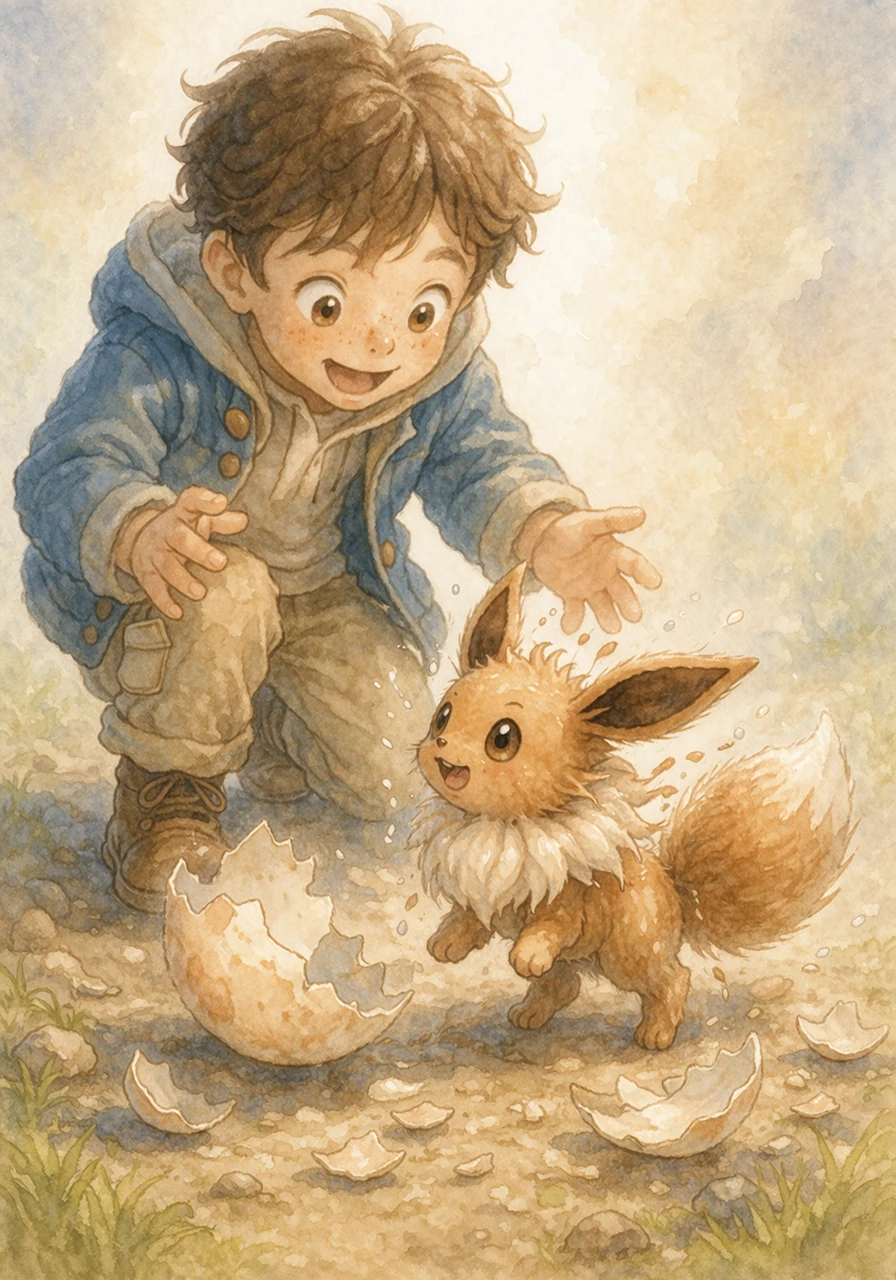 With one final, energetic push, the shell falls away to reveal a tiny, fluffy Eevee with big, soulful brown eyes. The little Pokémon shakes its fur dry, fluffing out its cream-colored collar and twitching its long, velvet ears. It looks up at Leo with curiosity and instant trust, recognizing the voice from the stories.