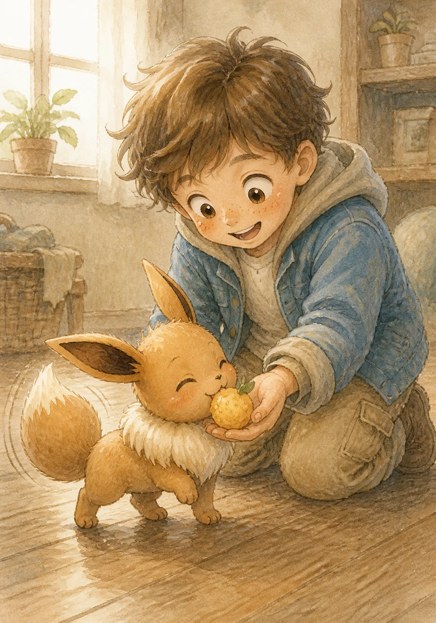 Eevee takes its first wobbly steps on the wooden floor, its long tail twitching with every cautious movement. Leo offers a small, sweet Sitrus berry from his hand as a welcoming gift. The Eevee nibbles it happily, letting out a contented purr that vibrates through Leo’s fingertips.