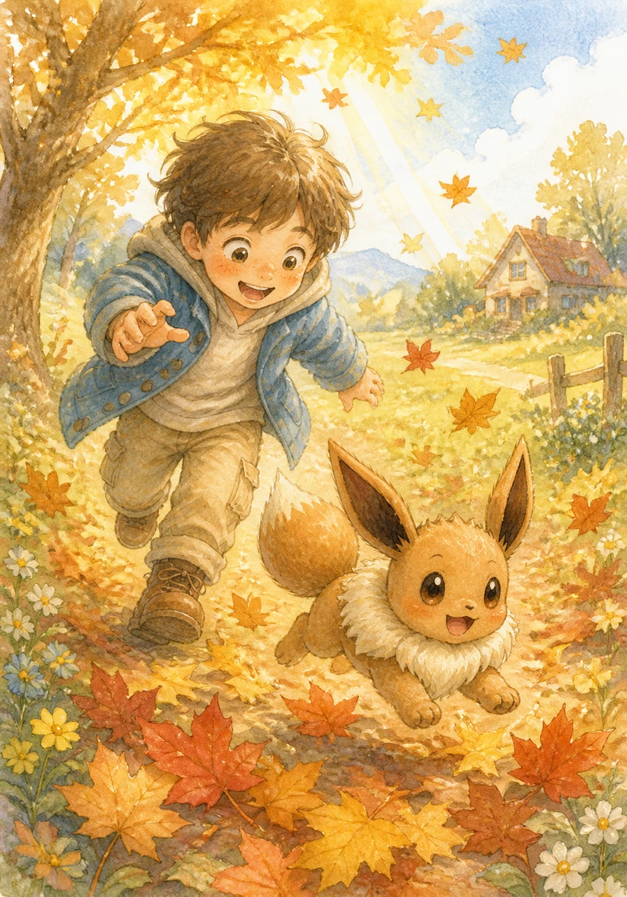 As the days pass, Eevee grows stronger and more playful, chasing golden sunbeams and pouncing on colorful autumn leaves in the garden. Leo and Eevee become inseparable companions, exploring the nearby meadows and learning about the world together. Every jump and tumble is a celebration of their new life as a team.