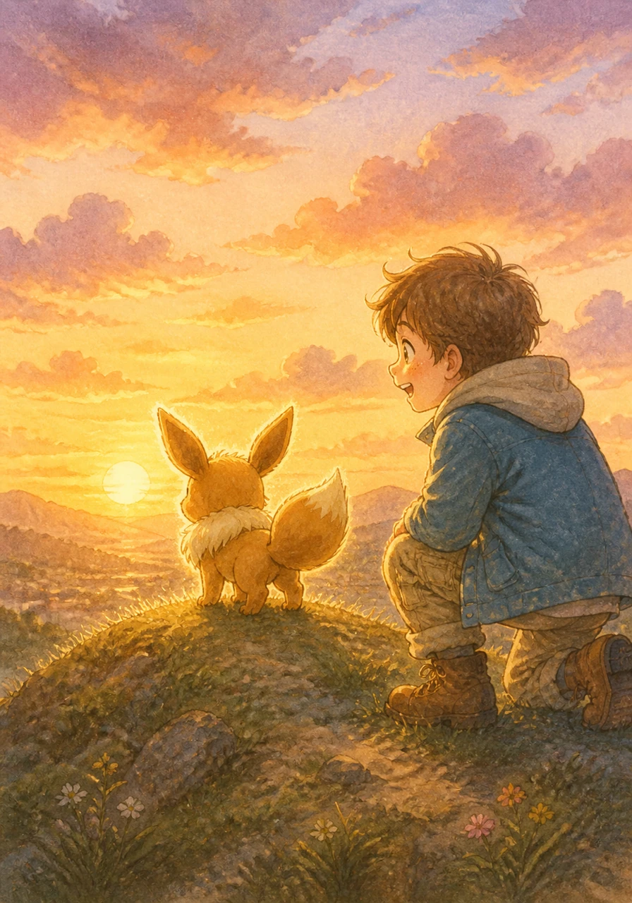 One evening, Eevee stands atop a small hill and looks at the setting sun, its fur glowing with an ethereal light. Leo realizes that this little creature holds the potential for many incredible transformations, each path unique and beautiful. He marvels at the endless possibilities that lie ahead for his small friend.