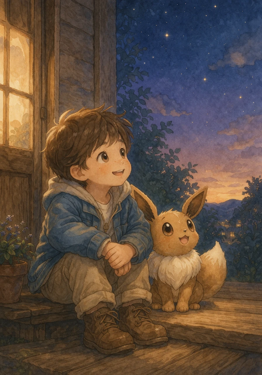 They sit together on the porch as the first stars begin to twinkle in the darkening sky, bound by a brand-new friendship that feels like destiny. The bond between the boy and the newly hatched Pokémon grows deeper with every shared secret and quiet moment. The night air is cool, but they are kept warm by their mutual affection.