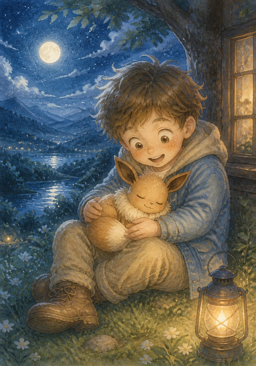 Leo promises to protect and guide Eevee no matter which path it chooses to take in its future. Under the silver moonlight, the little Eevee curls up in Leo's lap, finally home and ready for a grand adventure. Their journey has only just begun, and the world is waiting for them.