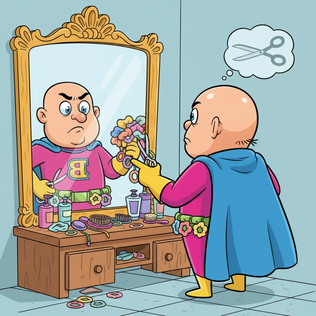 Baron Baldric, a man with a shiny, perfectly round head, peered into his mirror with a frown. He grumbled about the unfairness of the world, where everyone else had magnificent hair to tie into man buns, thanks to those pesky scrunchies. A mischievous glint sparked in his eye as he hatched a truly dastardly plan to eliminate his competition. He would become the ultimate scrunchie snatcher!