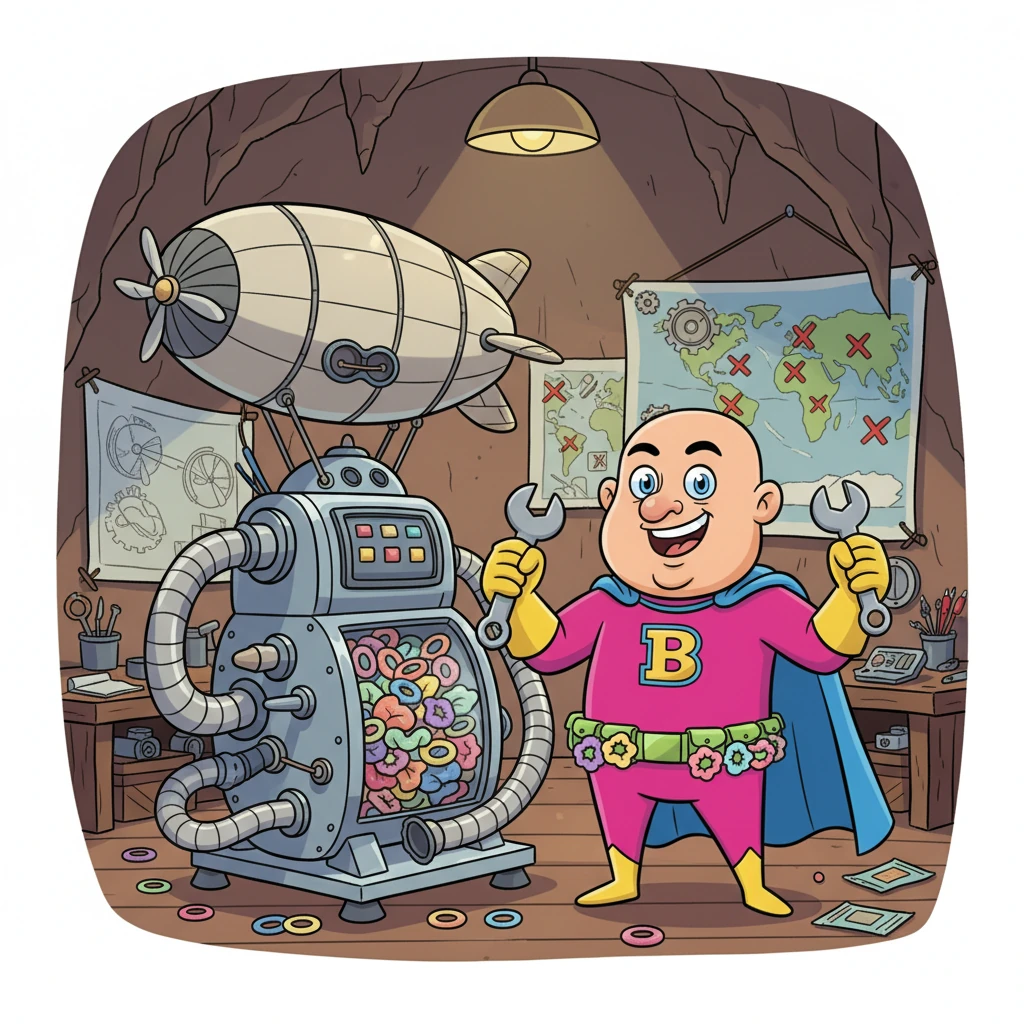 Deep within his secret, surprisingly cozy lair, Baron Baldric tinkered with his latest invention: the 'Scrunchie-Swiper 5000.' Blueprints for a wacky, whiskered airship hung on the walls, alongside maps of the entire globe marked with bright red Xs. With a triumphant cackle, he declared his mission to rid the world of every single hair-tying accessory. His balding dome would reign supreme!