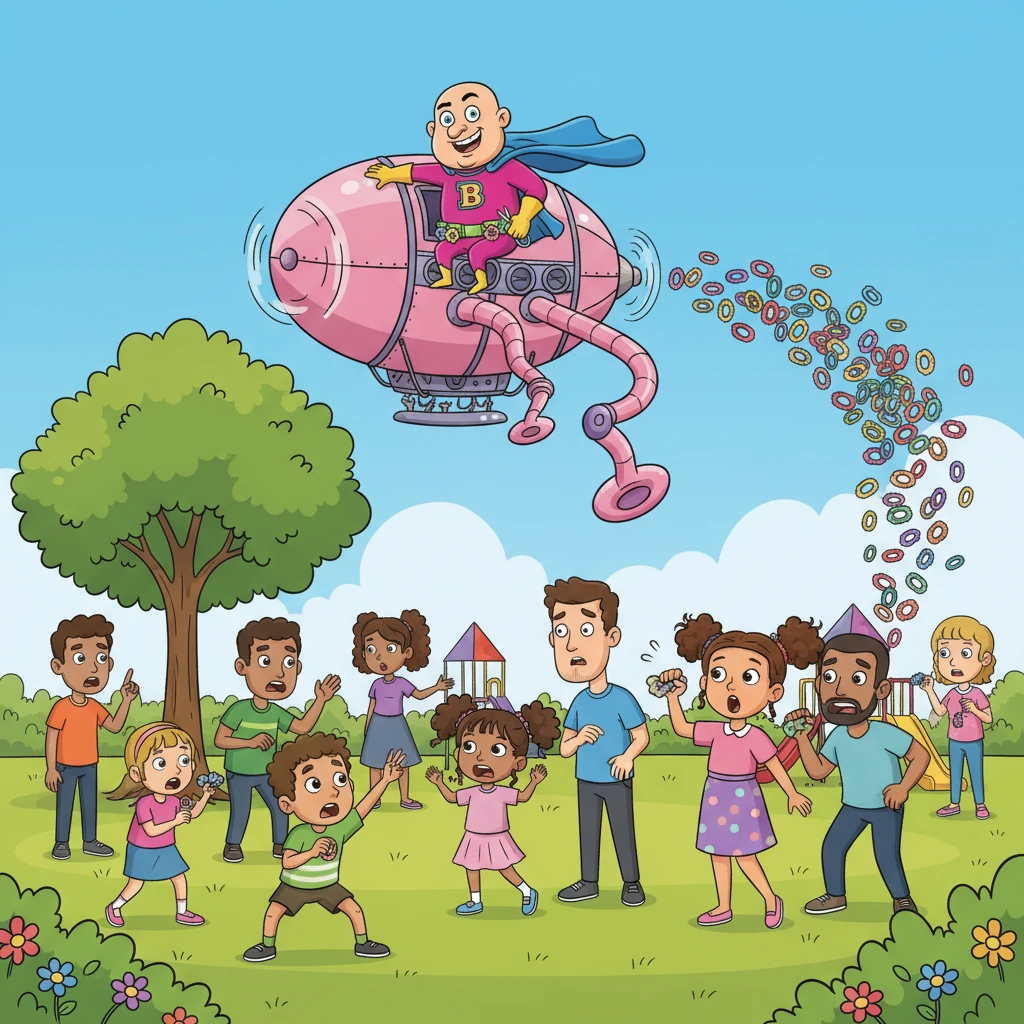 His whirring airship descended over a bustling park, its giant, extendable arm reaching down like a playful octopus. Baron Baldric, dressed in a flamboyant purple cape, expertly snatched scrunchies right off ponytails and wrists. Children and adults alike gasped in surprise as their colorful hair ties vanished into thin air. He zoomed away, leaving a trail of confused, bouncy hair in his wake.