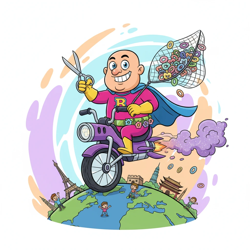 The Scrunchie-Swiper 5000 zipped across continents, a blur of purple and chrome against iconic landmarks. From the top of the Eiffel Tower to the majestic Great Wall, Baron Baldric scooped up scrunchies by the handful. Each successful heist added to his growing collection, making the world a little less organized, one hair tie at a time. He was on a global mission of hair-accessory disruption.