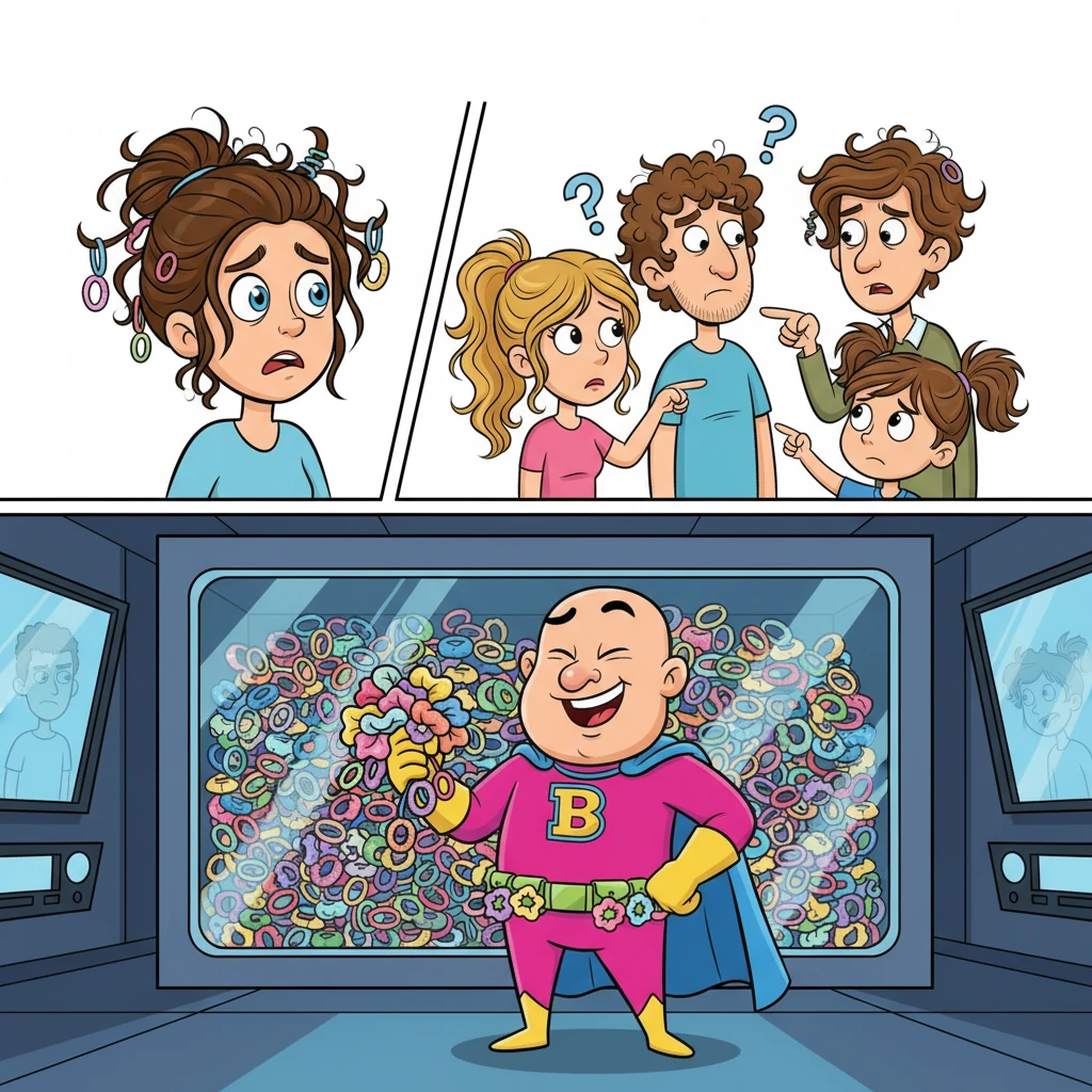 Soon, chaos erupted across the globe! People woke up to find their favorite scrunchies missing, their hair flopping wildly. Once-proud man buns sagged and unravelled into messy tangles, causing widespread dismay. The world wondered, 'Who would steal all the scrunchies?' while Baron Baldric chuckled from his hidden base.
