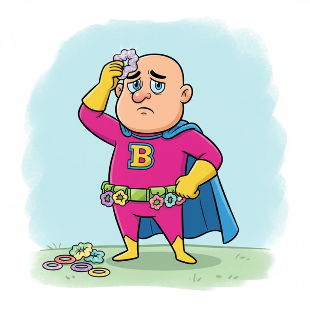 Picking up a particularly sparkly scrunchie, Baron Baldric tried to imagine it on his own head. He held it up, then placed it gently on his bald dome, looking utterly silly and a little sad. He realized that no matter how many scrunchies he stole, it wouldn't magically grow him a magnificent mane or create a man bun for himself. His grand plan felt rather empty.