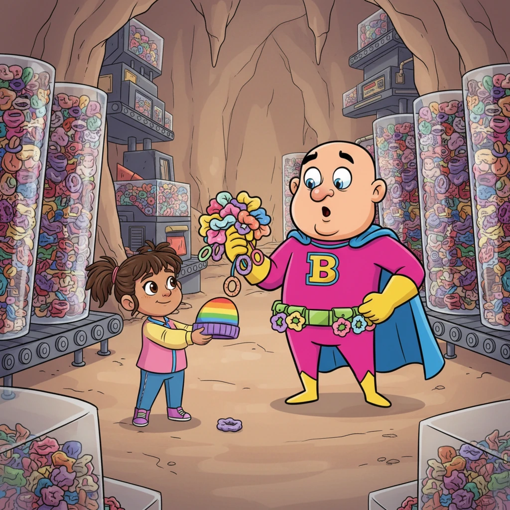 Following a tiny, discarded purple scrunchie, Lily bravely tracked Baron Baldric to his secret lair. Instead of shouting, she calmly asked, 'Why do you need all these scrunchies, Baron Baldric?' She held out a bright, cheerful rainbow-striped beanie. 'Maybe this could help your head feel just as special.'