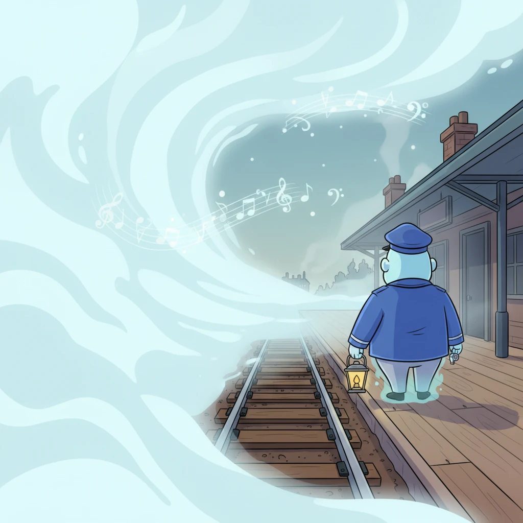 Through the swirling mist, Rohan spotted a solitary figure standing perfectly still at the far end of the platform. It was an old railway guard, dressed in a faded uniform, his back to Rohan, gazing intently down the empty tracks. A faint, melancholic flute melody seemed to drift from the fog, adding to the strange atmosphere.