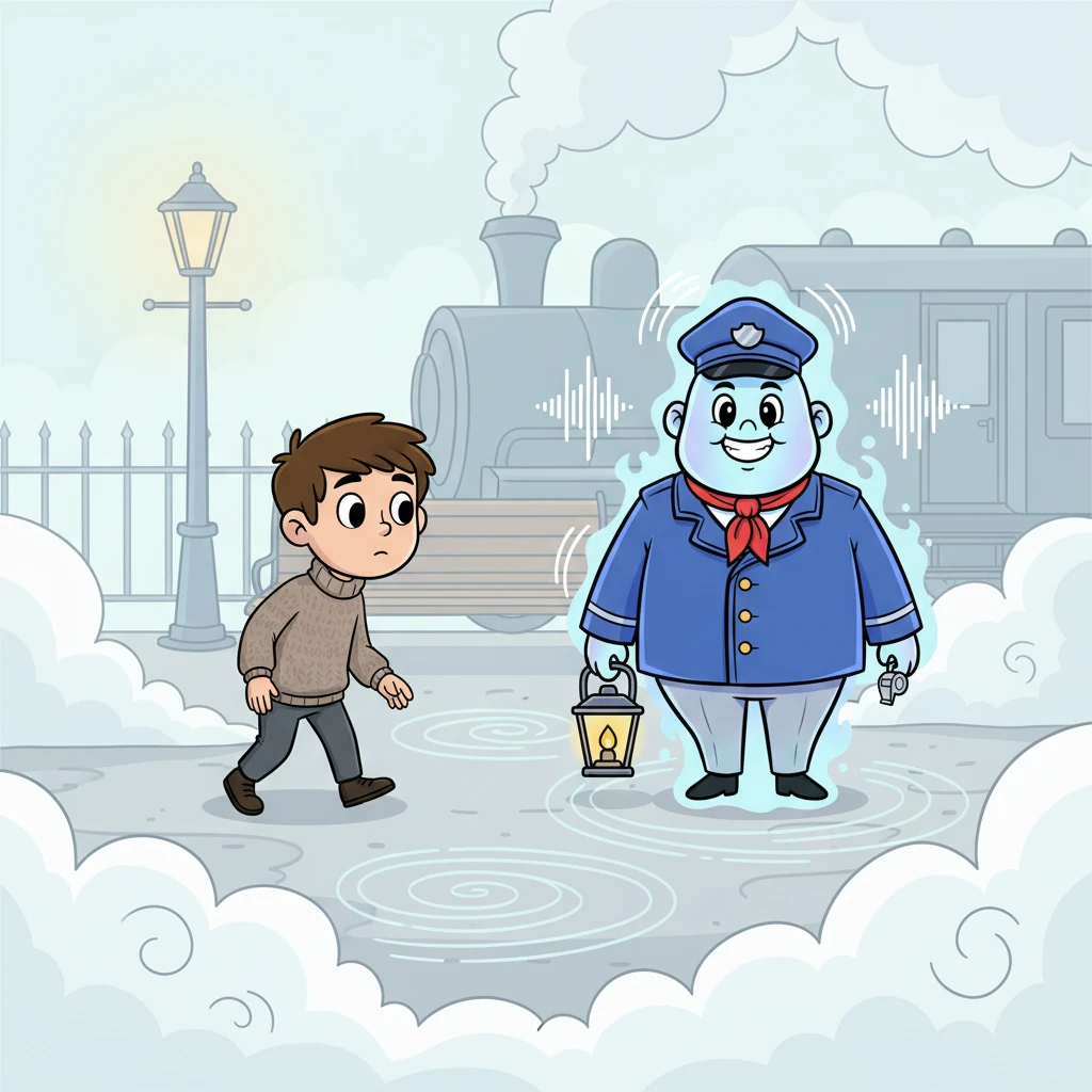 A shiver of unease mixed with a spark of curiosity tugged at Rohan. He slowly began to walk towards the silent guard, his footsteps muffled by the thick fog. The air around the mysterious figure felt colder, and the usual station sounds seemed to vanish, replaced by a soft, rhythmic ambient hum.