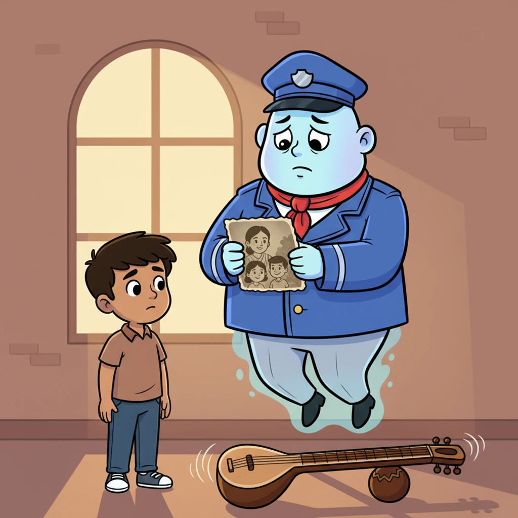 Rohan noticed a small, old, and faded photograph clutched gently in the guard's hand. It depicted a smiling woman and two cheerful children, a bittersweet glimpse into a past full of joy. A subtle, soulful pluck of a sitar seemed to underscore the unspoken sorrow in the scene.