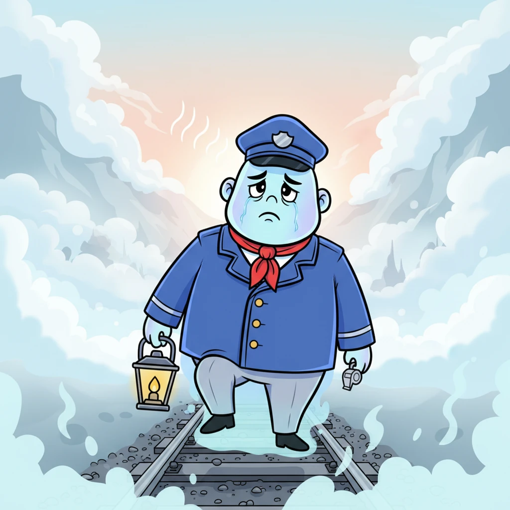 Suddenly, a long, mournful train whistle pierced the silence from deep within the fog-shrouded valley, growing steadily louder. The guard's posture stiffened, and a fleeting flicker of desperate hope, instantly followed by deep sorrow, crossed his weary face. He took a small, hesitant step towards the tracks, his gaze intensified.