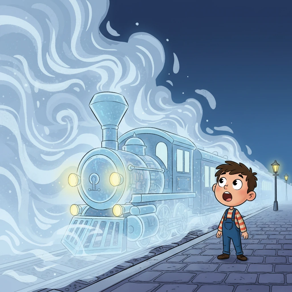 From the swirling, silvery fog, an ethereal, glowing train began to emerge, its ancient lights dim and hazy, its form almost transparent. It glided silently towards the platform, a phantom vehicle made of mist and memory. Rohan watched, wide-eyed, as it approached without a sound.