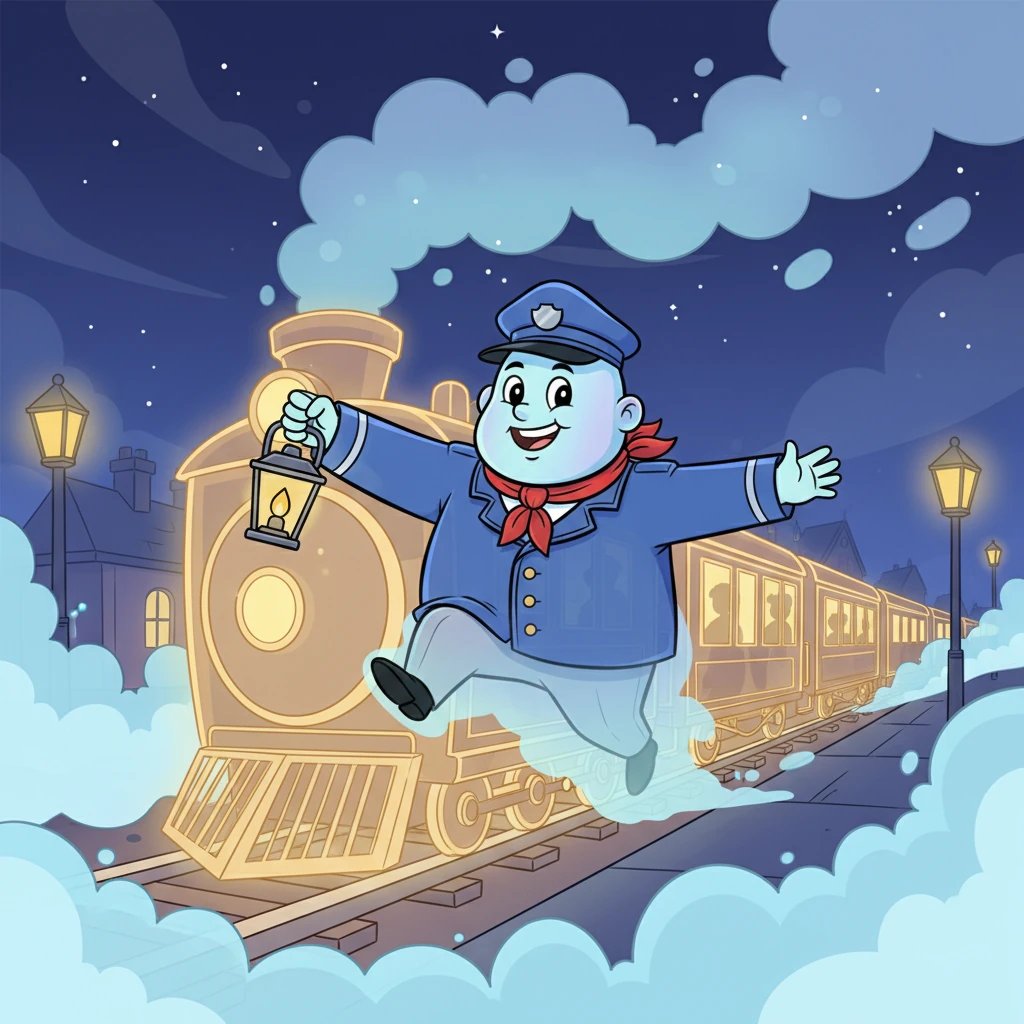 With a gentle, loving smile finally gracing his face, the guard stepped gracefully onto the phantom train's carriage, as if reuniting with long-lost loved ones. As the train began to glide past, the guard's figure became increasingly transparent, dissolving completely into the swirling mist, leaving only a lingering warmth.