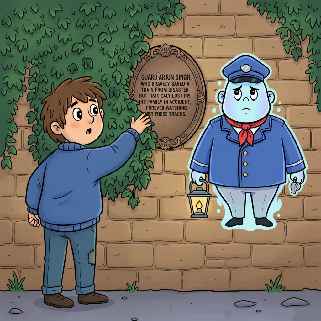 Nearby, almost hidden by creeping ivy, Rohan discovered an old, weathered plaque embedded in the station wall. It commemorated 'Guard Arjun Singh, who bravely saved a train from disaster but tragically lost his family in the resulting accident, forever watching over these tracks.' Rohan finally understood the guard wasn't waiting for a train, but for his family's eternal return.