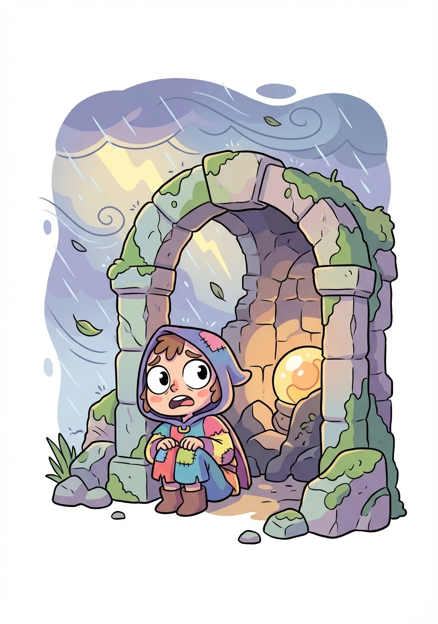 A sudden storm descends, whipping winds and torrential rain threatening to overwhelm Wisp. Seeking shelter in a crumbling ancient ruin, they feel a strange presence.