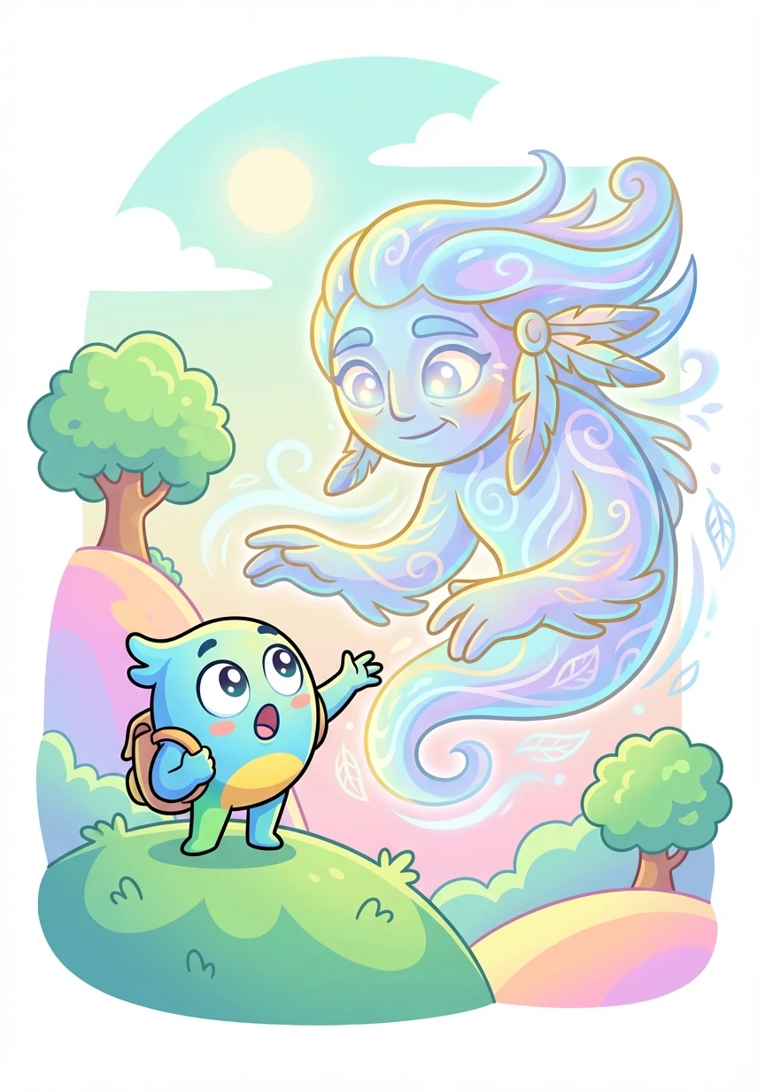 A shimmering figure materializes before Wisp - the Watcher of the Four Winds, an ancient Native guardian with eyes that hold the wisdom of generations. The Watcher speaks of a growing darkness plaguing the land.