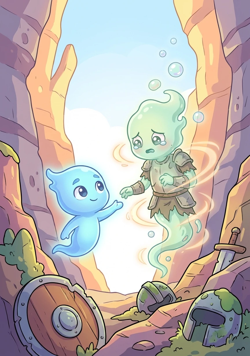 Deep within a winding canyon, they confront a vengeful spirit trapped in an old battleground. Wisp shows compassion, helping the spirit find peace and move on.