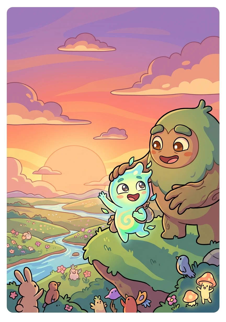 As the sun sets, Wisp and the Watcher stand on a hill overlooking the restored lands. The Watcher smiles, knowing Wisp is ready to continue their journey, protecting the land and its spirits for years to come.