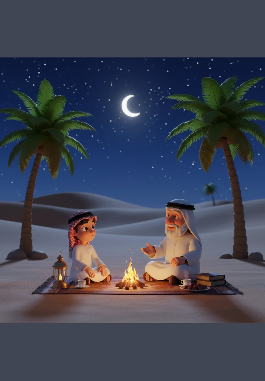 يجلس حمد بجانب جده راشد الذي يبدأ بسرد حكايات مشوقة عن حياة البادية والصبر في الصحراء الشاسعة تحت ضوء النجوم المتلألئة في السماء.