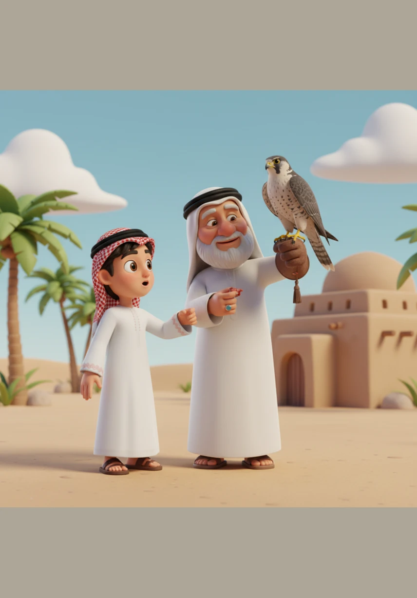 يشاهد حمد صقراً مهيباً يحط على يد جده المغطاة بالمنقله، ويتعلم كيف كان الصيد بالصقور رياضة الملوك ورمزاً للقوة والشموخ في التراث الإماراتي الأصيل.