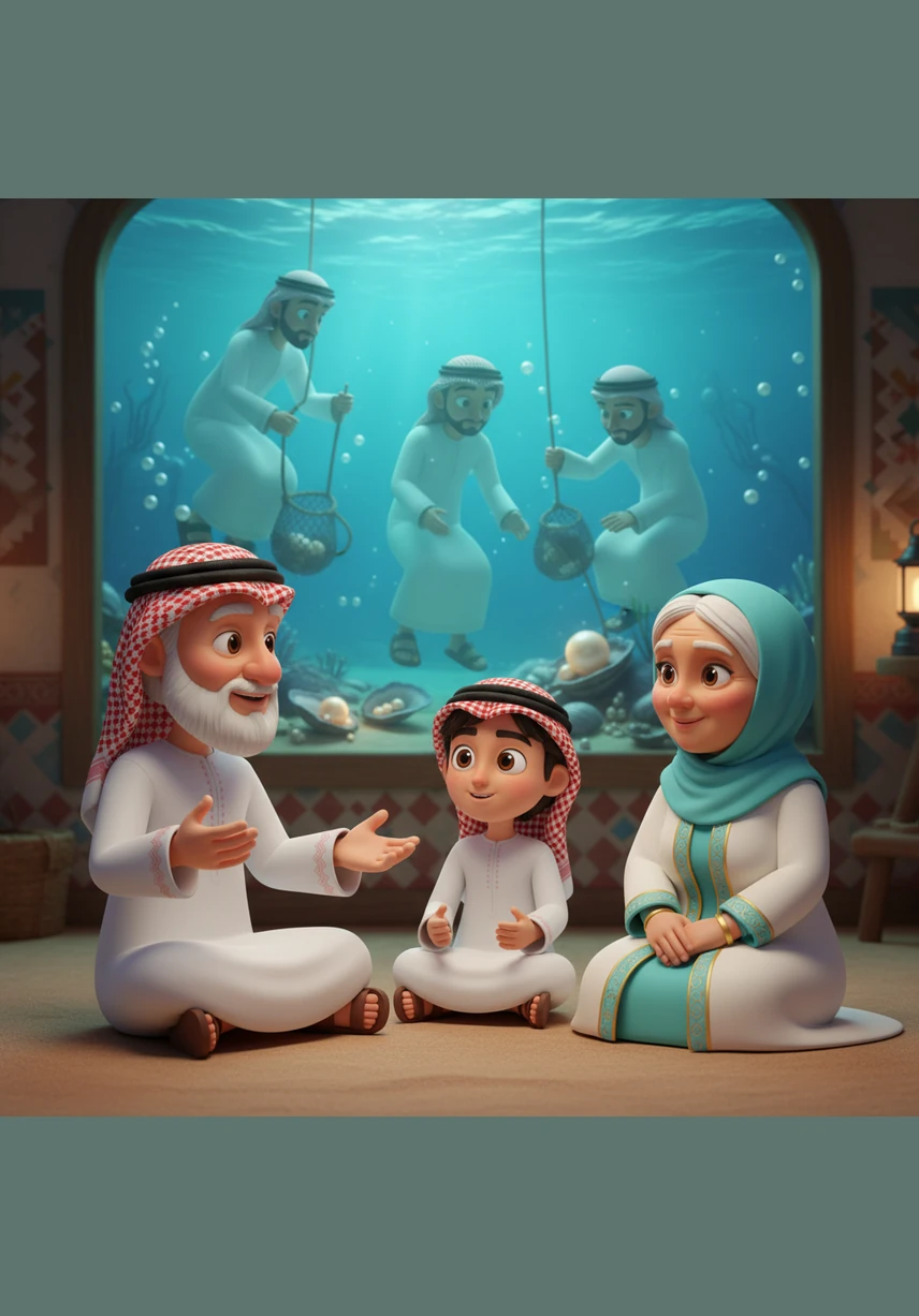 ينتقل الجد في حديثه إلى البحر واصفاً رحلات الغوص الشاقة بحثاً عن اللؤلؤ، حيث كان الأجداد يغوصون في أعماق الخليج بحثاً عن الدانة الثمينة بصبر وعزيمة.