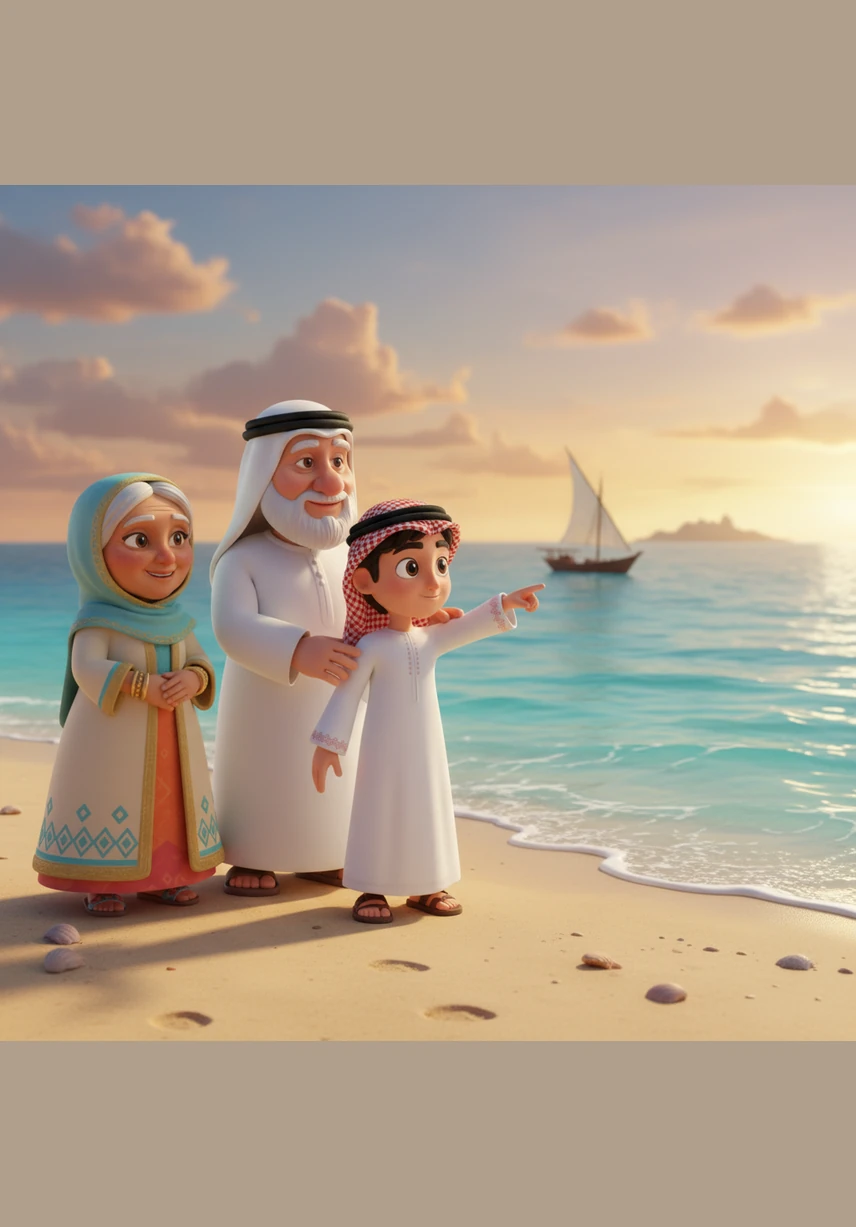 يتأمل حمد السفن الخشبية التقليدية المعروفة بالمحامل وهي راسية على الشاطئ، ويتخيل البحارة وهم يرفعون الأشرعة البيضاء لبدء رحلة تجارية طويلة في عرض البحر.