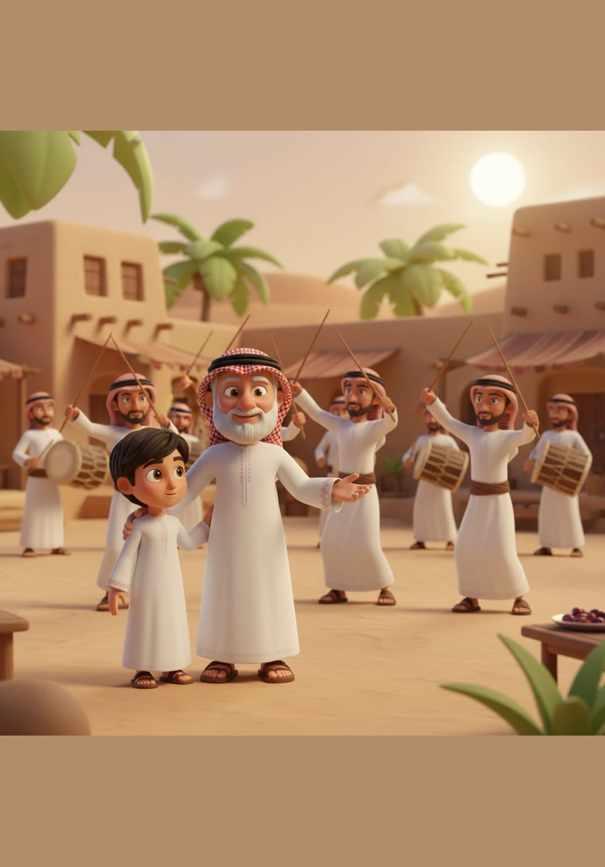 في ساحة القرية التراثية يتابع حمد عرضاً لرقصة العيالة الشعبية، حيث يلوح الرجال بالعصي على أنغام الطبول في تناغم يعبر عن الوحدة والولاء والشجاعة.