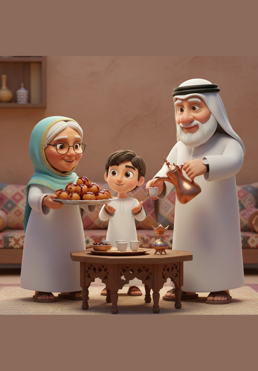 تقدم الجدة طبقاً من اللقيمات الذهبية المغطاة بدبس التمر اللذيذ، بينما يصب الجد القهوة من الدلة النحاسية في الفناجين الصغيرة تعبيراً عن كرم الضيافة.