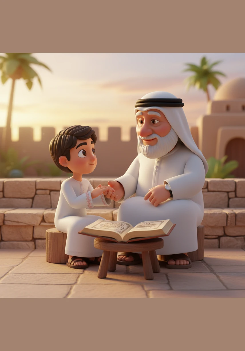 يمشي حمد بين أشجار النخيل الباسقة في الواحة، ويتعلم من جده كيف كانت هذه الشجرة المباركة مصدراً أساسياً للغذاء والظل ومواد البناء في الماضي.