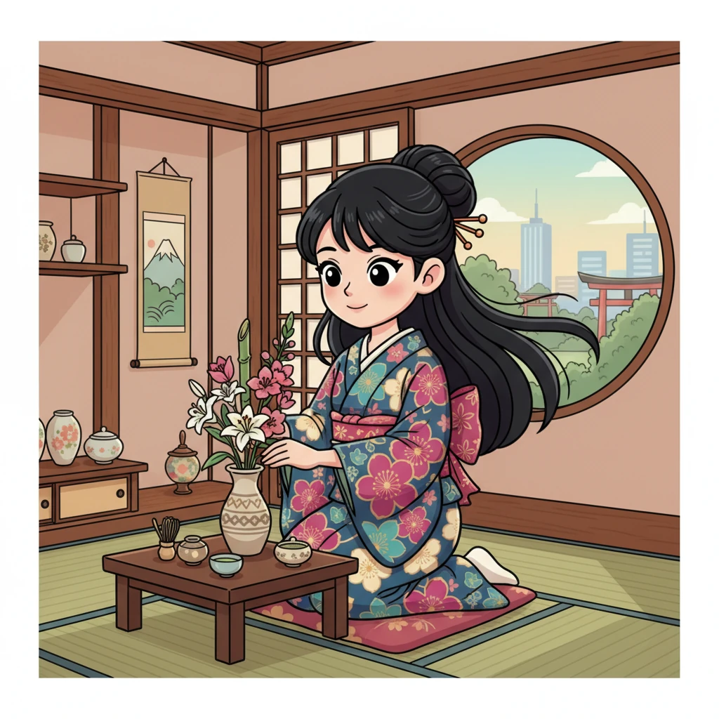 In a cozy traditional Japanese home nestled in vibrant Tokyo, Yuki carefully arranged flowers for a tea ceremony. Her long black hair, usually in an elegant bun, swayed slightly as she moved with grace. She wore a beautiful, floral-patterned kimono, a testament to her deep love for Japanese heritage, her movements as fluid as a gentle stream.