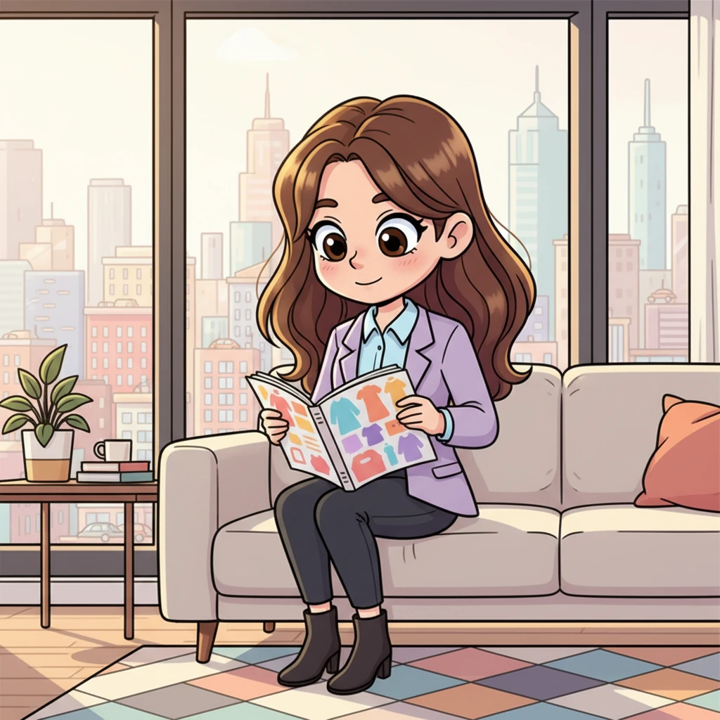 Across town, in a sleek modern apartment overlooking the bustling city, Yumi flipped through a fashion magazine, her loose brown brunette hair shimmering in the sunlight. She was dressed in a chic, tailored outfit, a picture of contemporary elegance and Western flair. Yumi loved the latest trends, always ready for a new adventure in style.