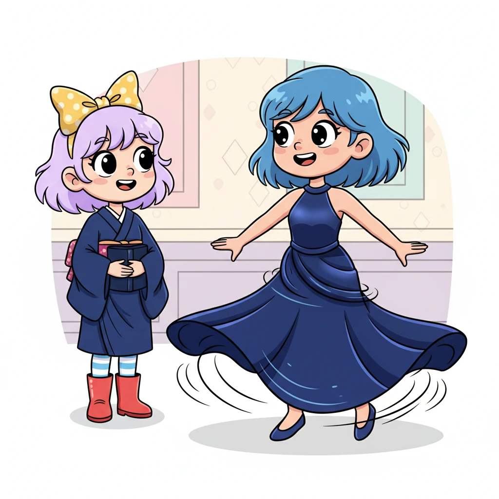 Yumi twirled in her stunning navy satin halter-neck dress, its fabric flowing like liquid midnight. "Isn't it magnificent, Yuki?" she exclaimed, her voice bubbling with anticipation. "And you, dear sister, must wear a matching navy kimono! We'll be the most striking pair there, representing Father with style!"