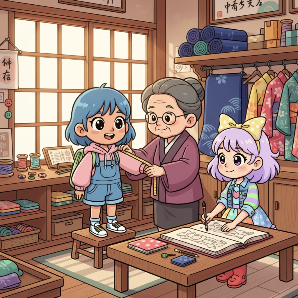 The sisters visited a renowned tailor in a charming old Tokyo street, where Yuki was measured for her special kimono. The tailor, a kind old woman with nimble fingers, sketched designs, ensuring the navy silk would drape perfectly, blending classic beauty with a touch of Yumi’s modern vision.