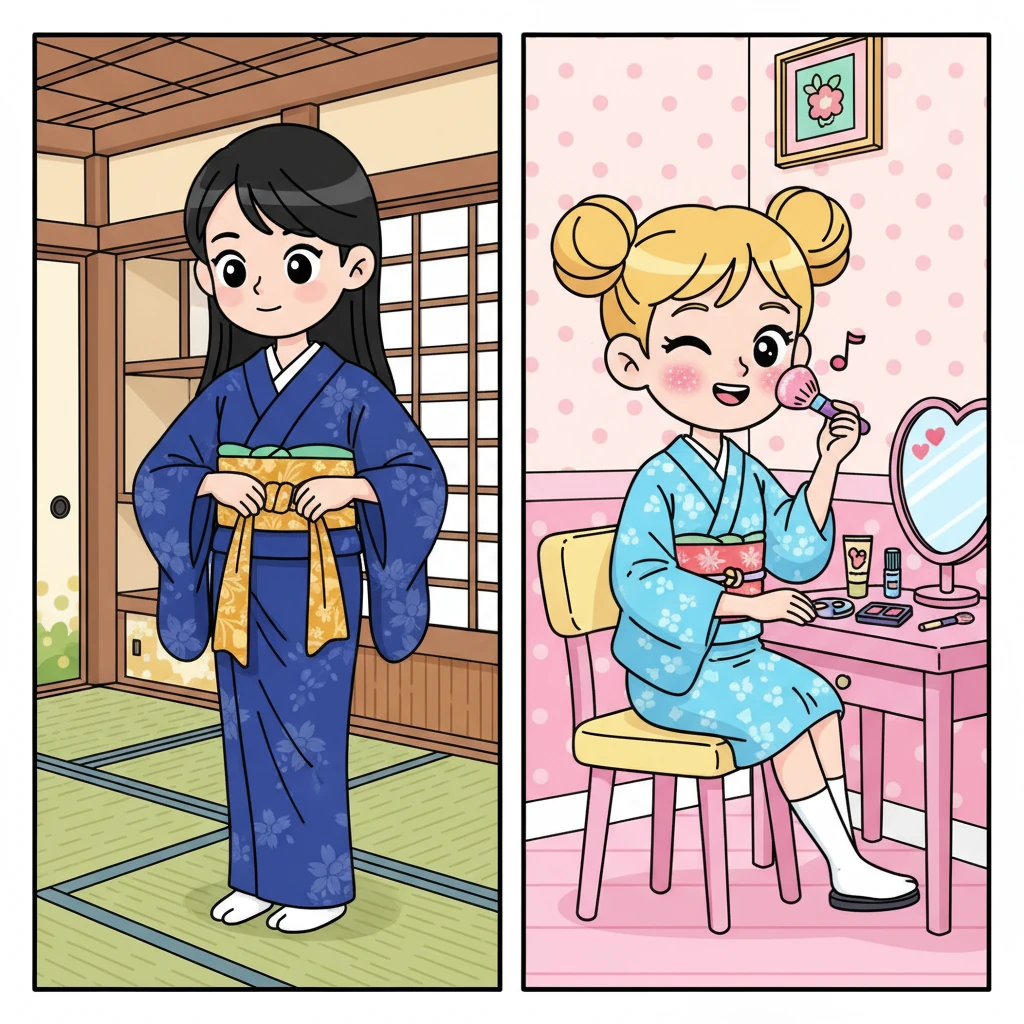 On the evening of the gala, the sisters prepared in their separate rooms. Yuki meticulously tied her obi, her hands moving with practiced elegance, while Yumi applied a touch of shimmering makeup, humming a cheerful tune. Both felt a thrill of anticipation, ready to step into the spotlight.
