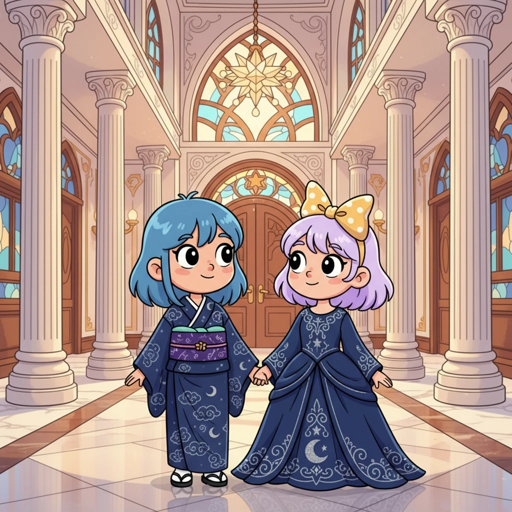 Finally, they met in the grand entrance hall of their home. Yuki, resplendent in a deep navy kimono adorned with subtle silver embroidery, stood beside Yumi, who looked breathtaking in her matching navy gown. Their contrasting styles somehow created a harmonious and powerful visual, a testament to their bond.